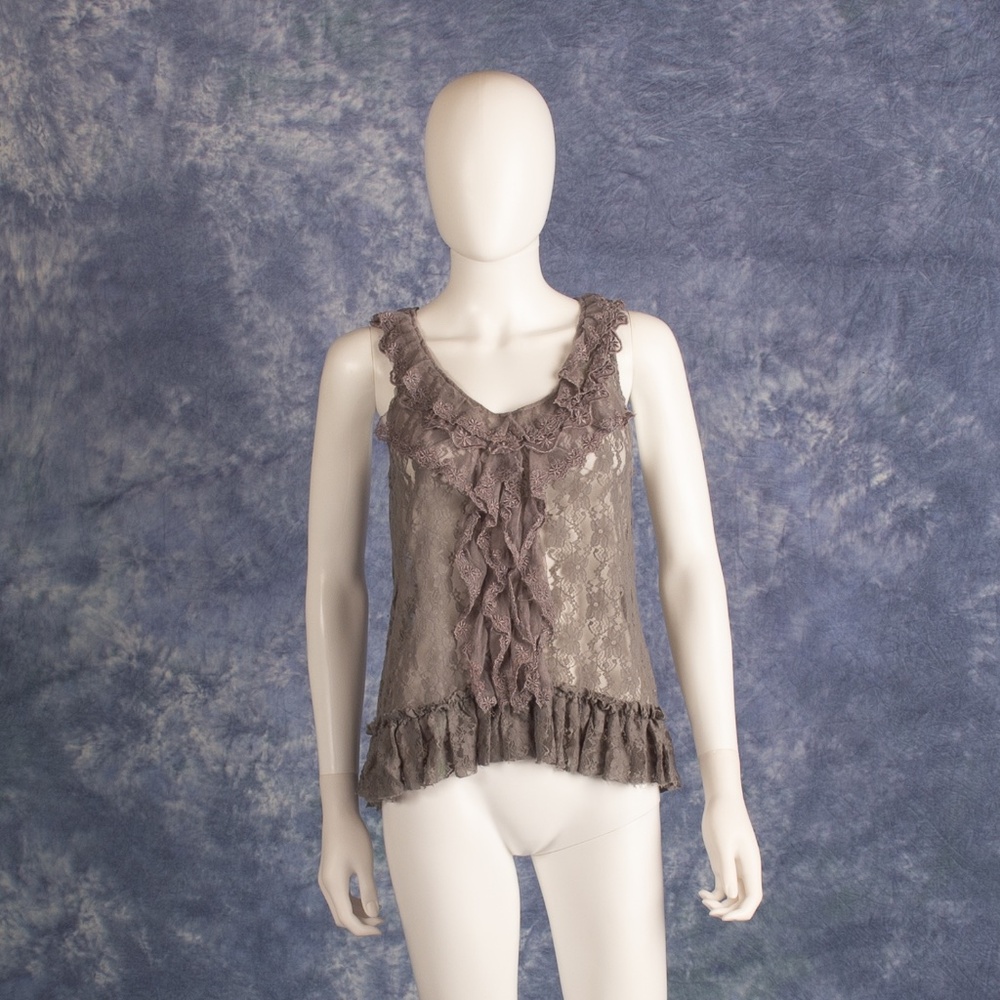 Ultra Pink Gray All Lace Ruffle Sleeveless Blouse S